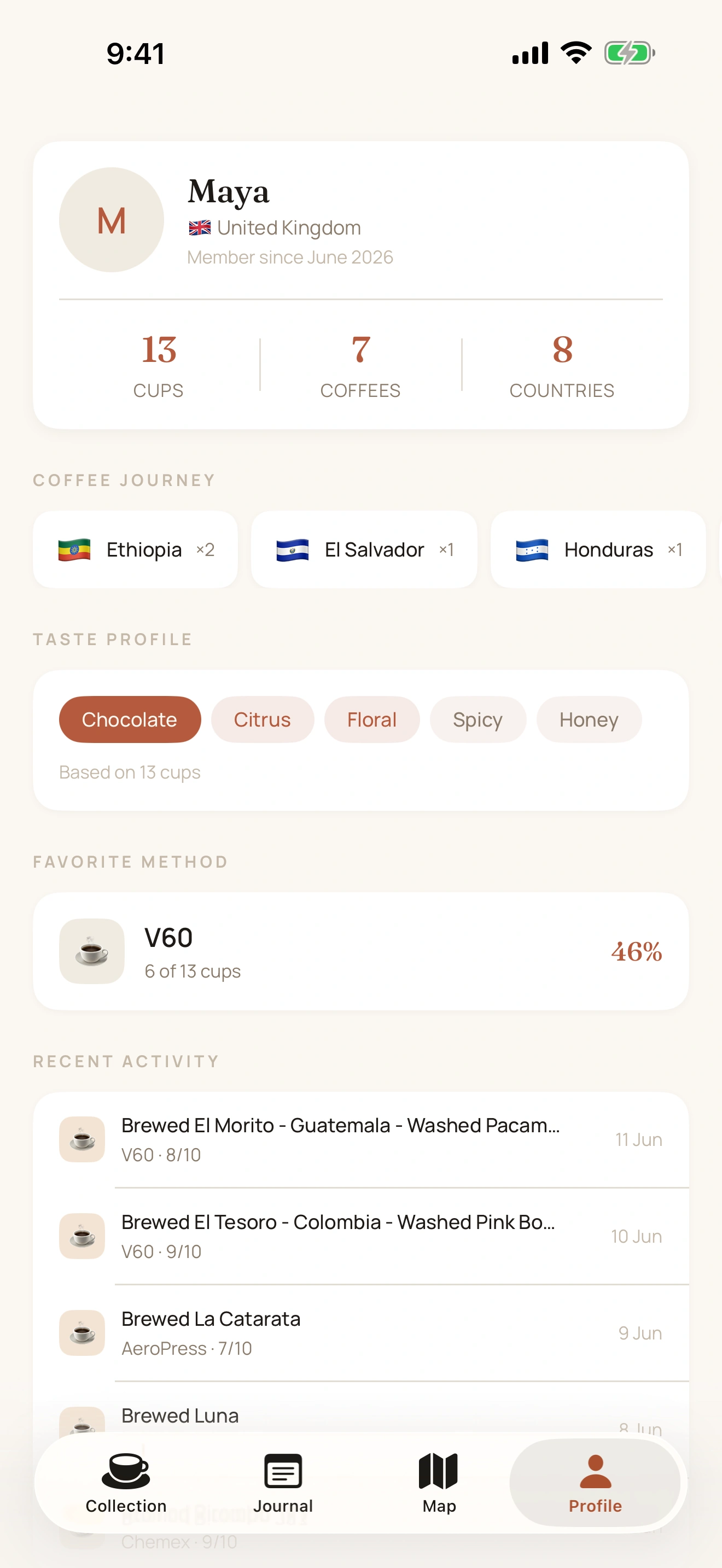 Coffee passport screen with stats and flavor preferences