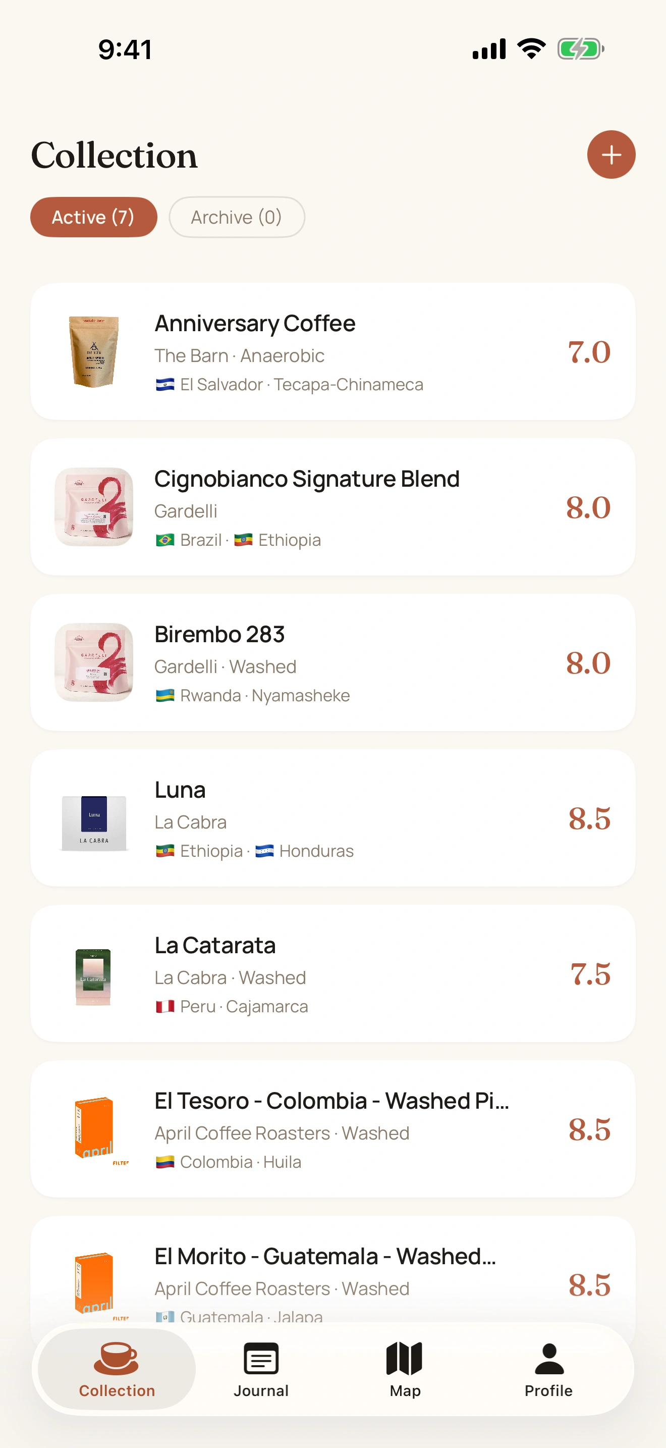 Kopp shelf screen: a list of coffee bags with ratings